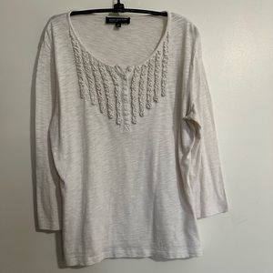 Jones New York Signature Ivory Cotton Jersey Three-Quarter Sleeve Top, Size L